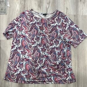Talbots Red and Blue Short Sleeve paisley print stretchy rouched  tee 2x